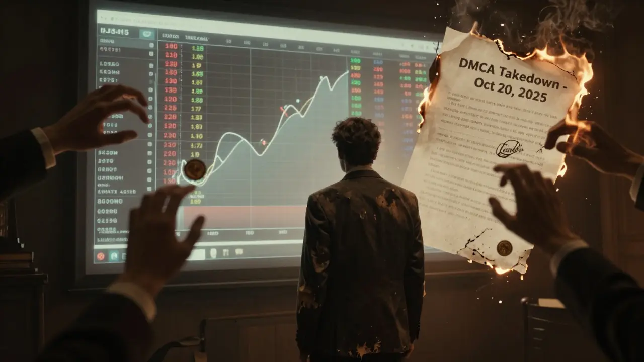 An investor watches fading price charts as ghostly hands steal his coins, with a DMCA takedown notice burning nearby.
