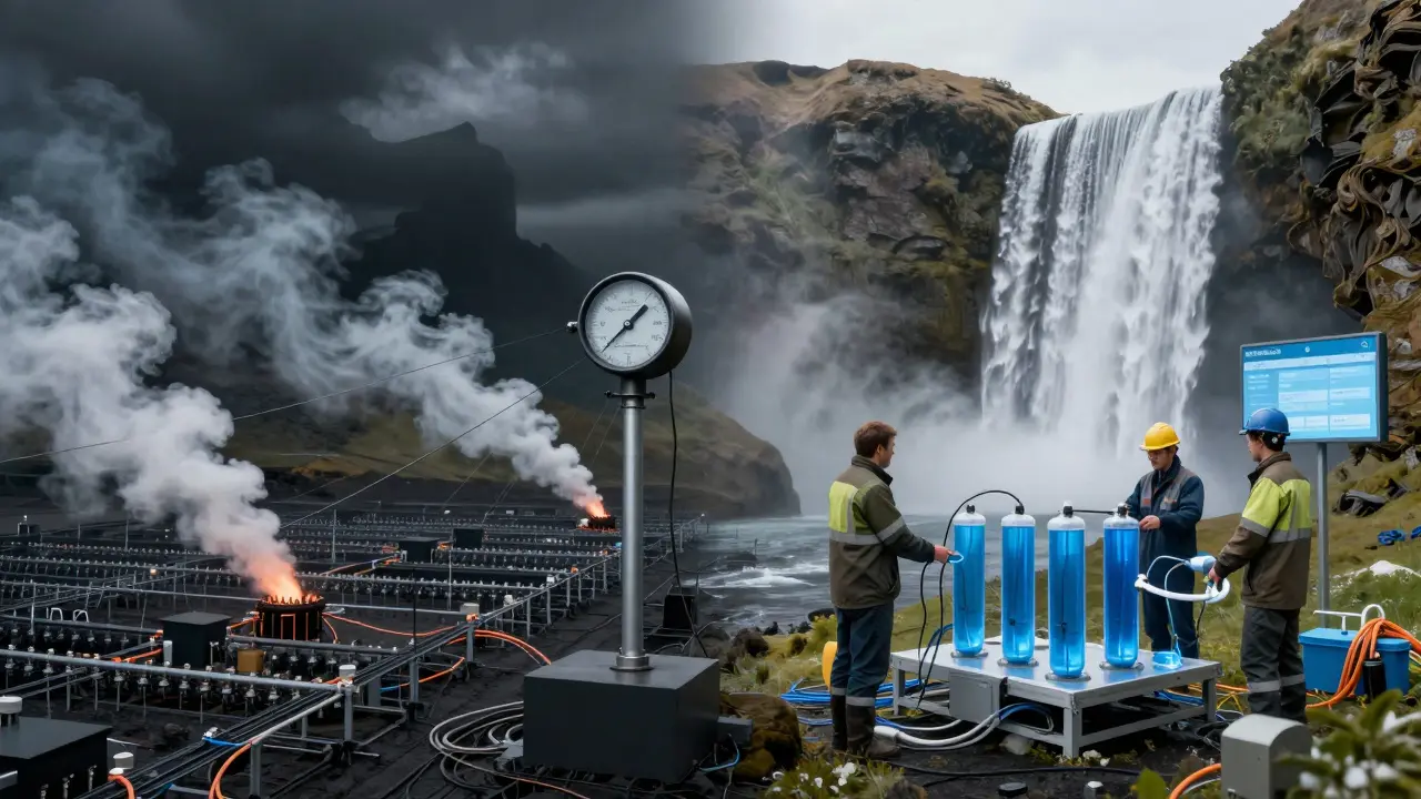 Contrast between abandoned crypto rigs and new hydrogen infrastructure beside a waterfall.