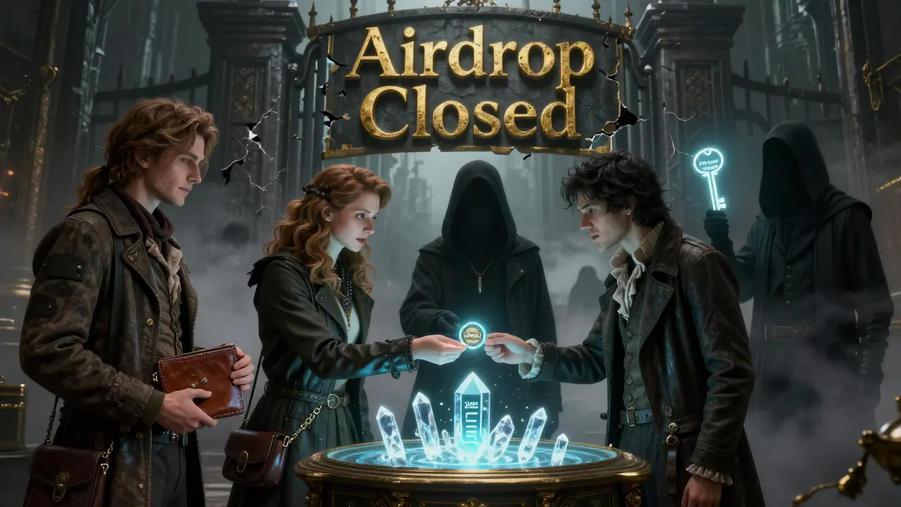 Early adopters distribute WAG tokens at a glowing console, while a gate labeled 'Airdrop Closed' looms behind them.