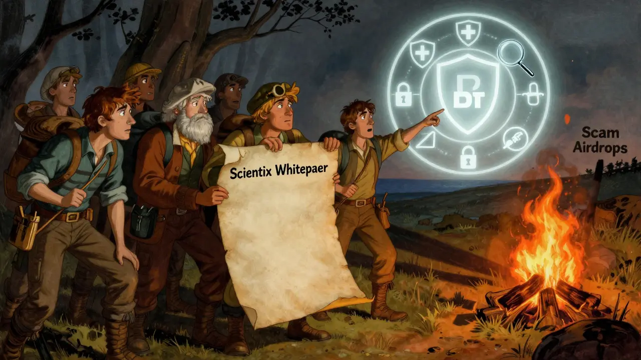 Explorers examining a blank whitepaper, with a safe Bitget logo glowing in the distance.