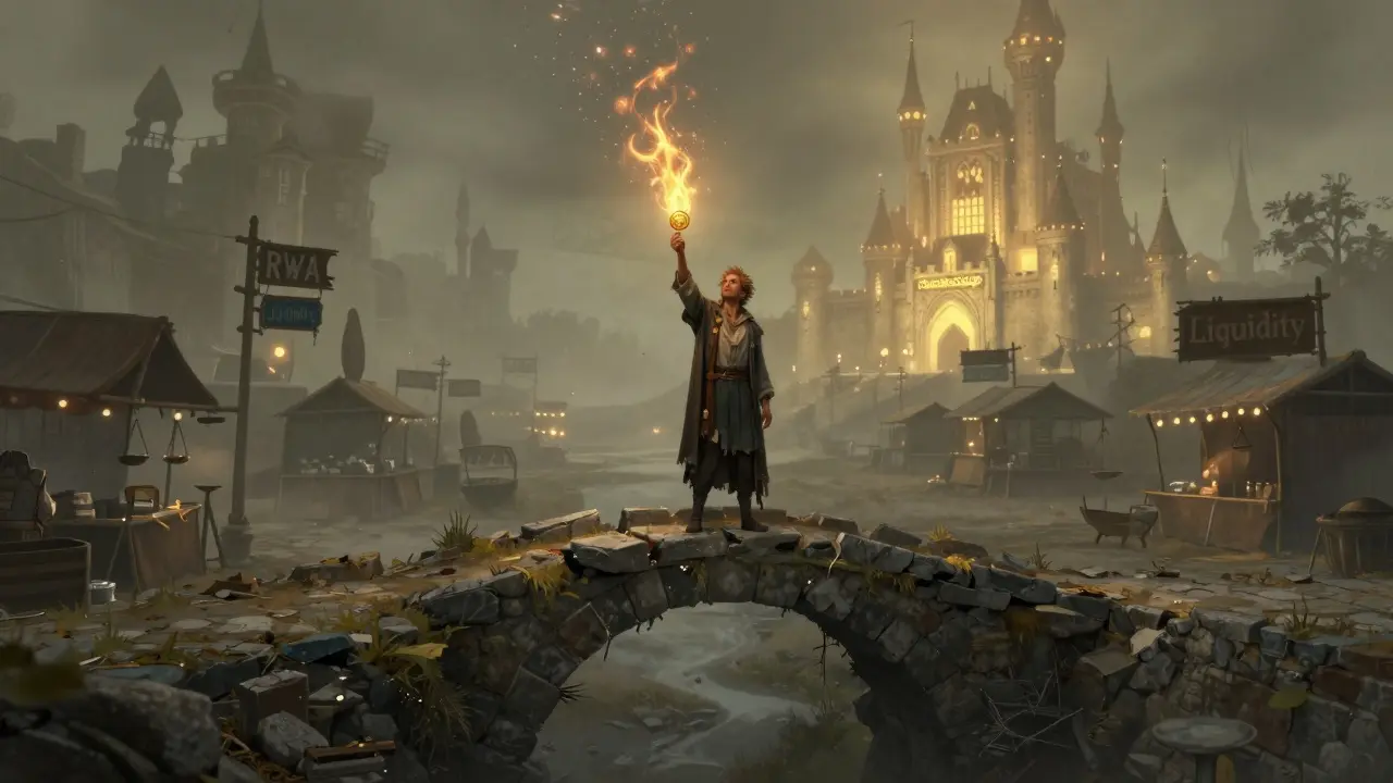Figure holding a golden token above an abandoned marketplace, with a distant thriving castle.