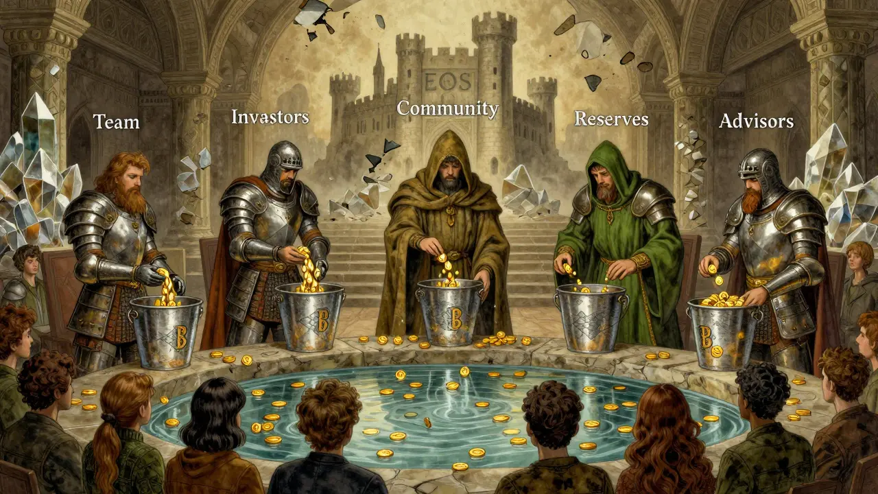 Five armored figures distributing tokens to a crowd in a blockchain crystal council hall.