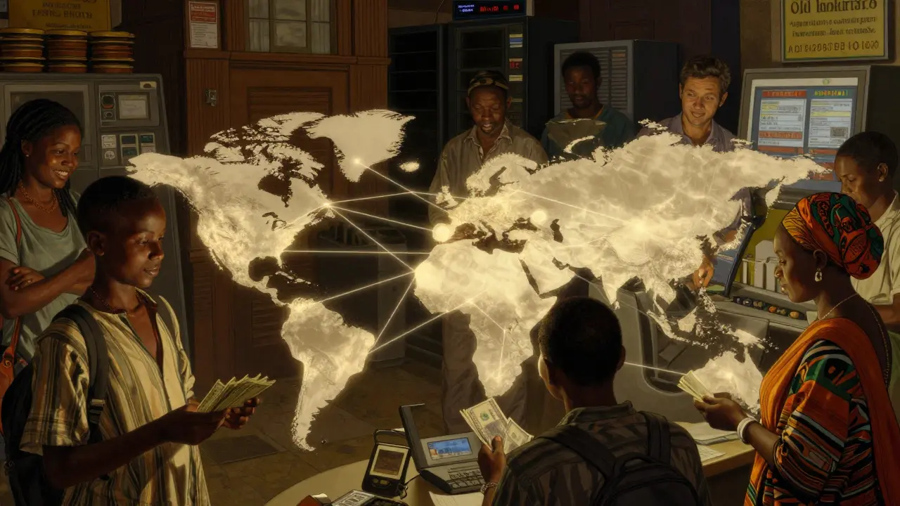 Global users connected by glowing blockchain lines, receiving instant remittances with no fees.