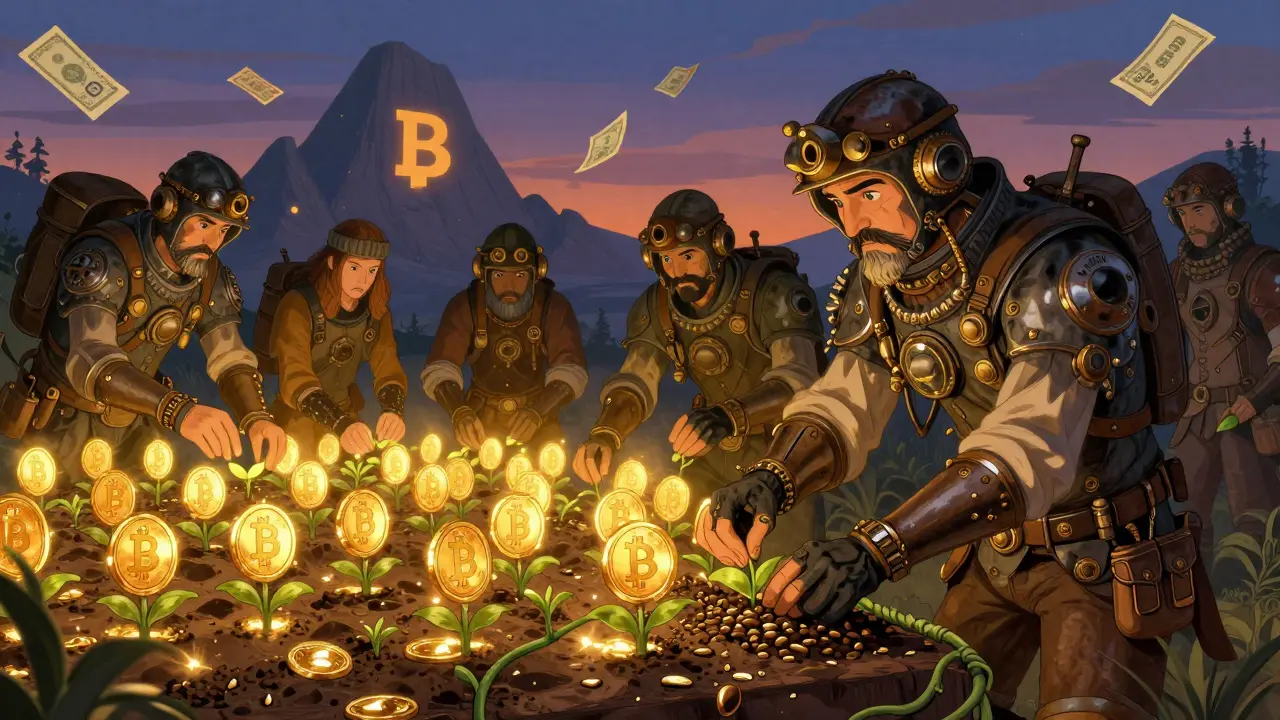 Miners tending a glowing farm of LP tokens and vesting Treasury Bills under a blockchain-horizon sky.
