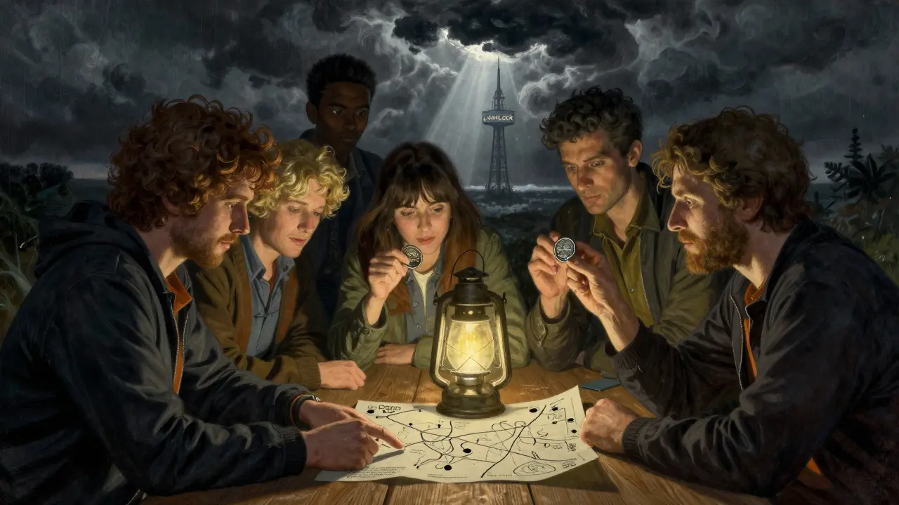 Pioneers study a map of DeFi exchanges under a lantern, holding an ANTEX token as shadows of smart contracts loom behind them.