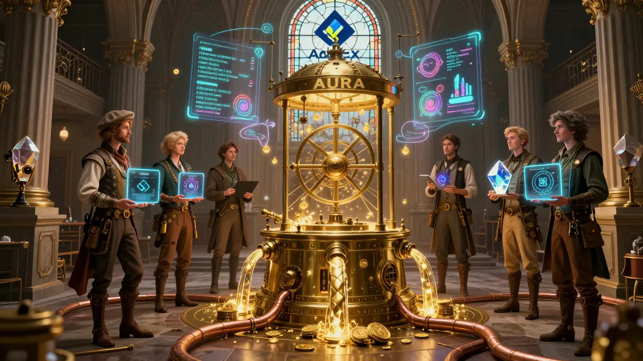 Scholars gather around a brass AURA machine, with holograms and ADX tokens flowing through copper pipes.