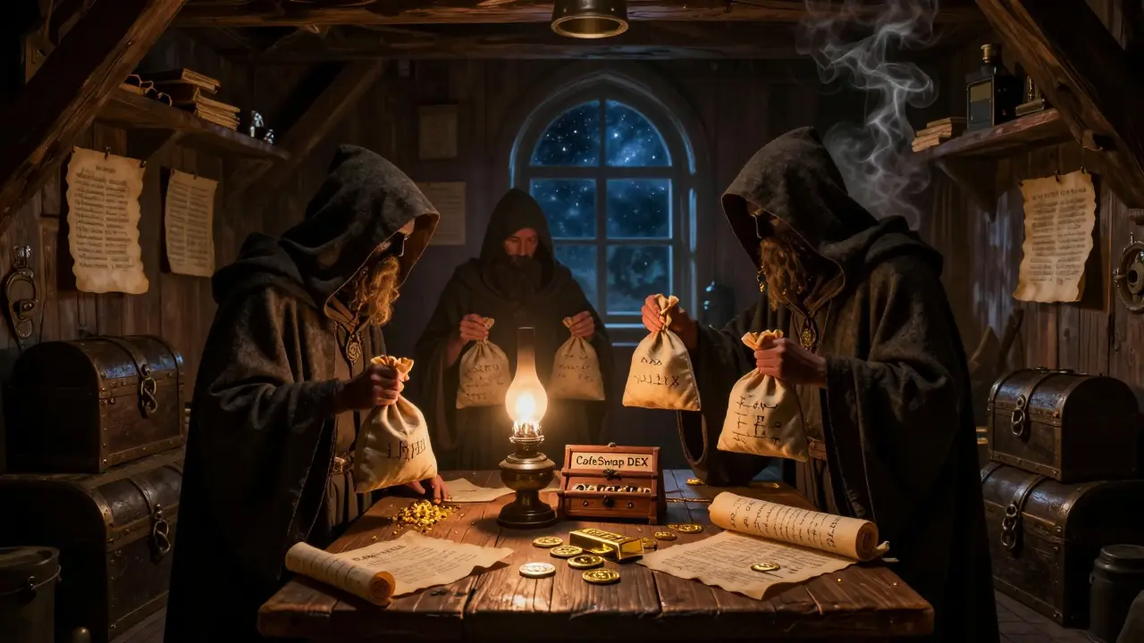 Shadowy traders exchanging gold dust for crypto scrolls in a dim underground chamber.