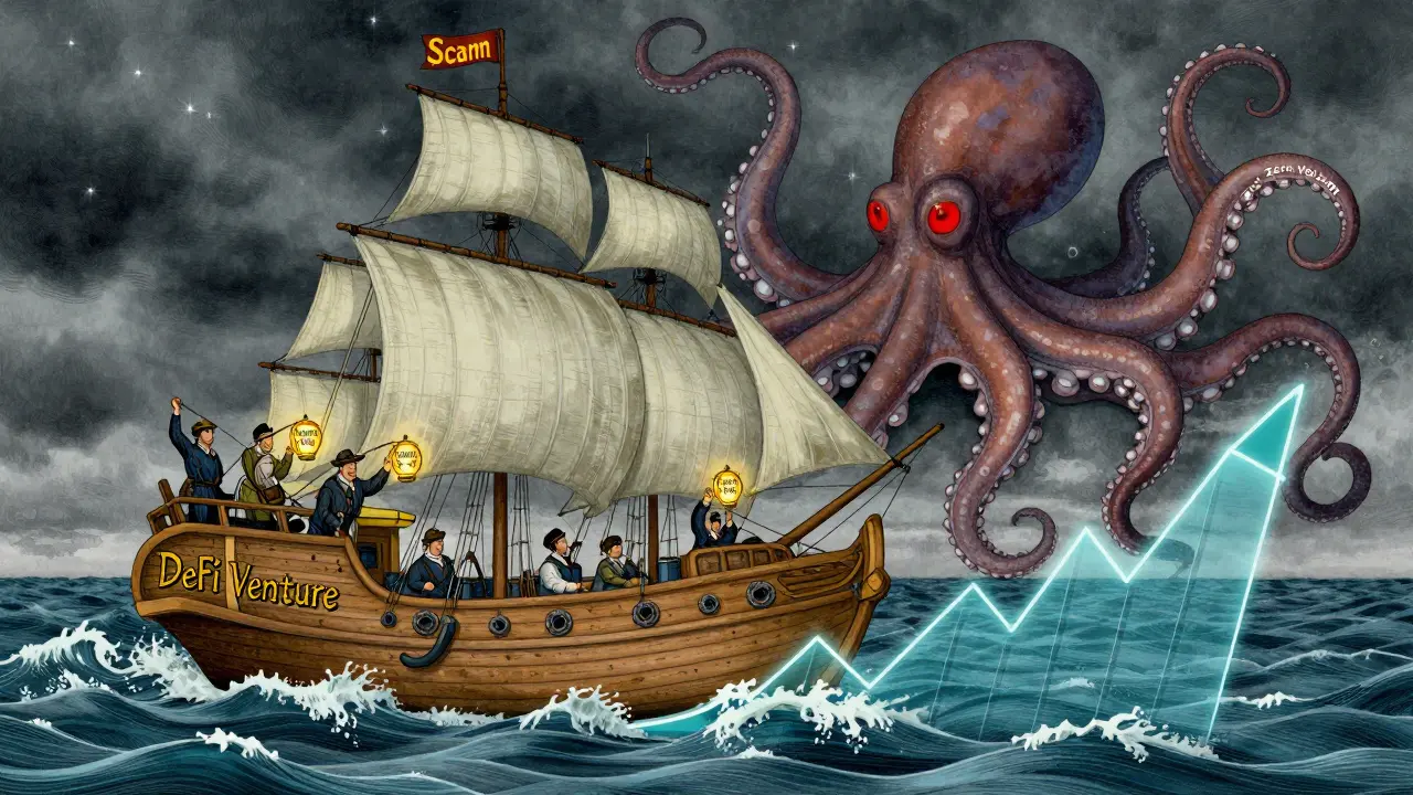 Ship sailing on crypto waves while an octopus of scams rises beneath it.