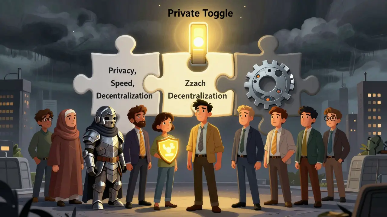 Three people face a three-sided puzzle of privacy trade-offs, with a glowing toggle switch casting light as regulatory storm clouds gather above.