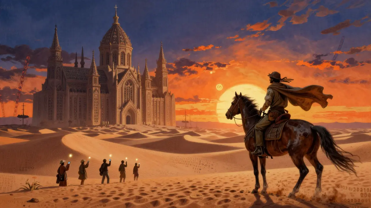 Traveler on horseback crossing a binary desert toward a blockchain cathedral as people send ZAM tokens into the sky.