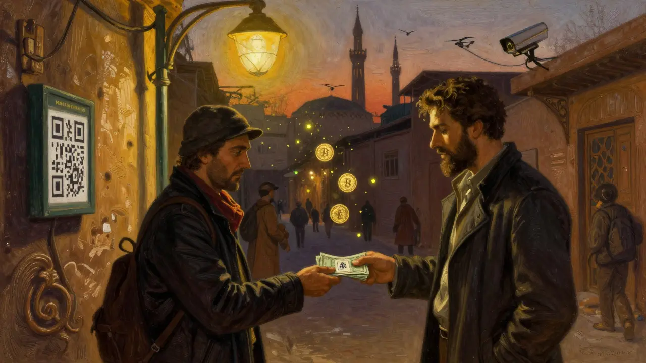 Two people exchange cash for a QR code in an alley, with digital DAI tokens glowing in the air.