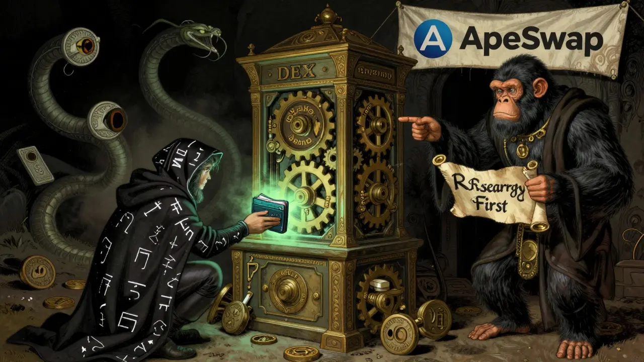 User connecting wallet to a mechanical DeFi machine as scam tokens flee, guided by a wise ape elder.