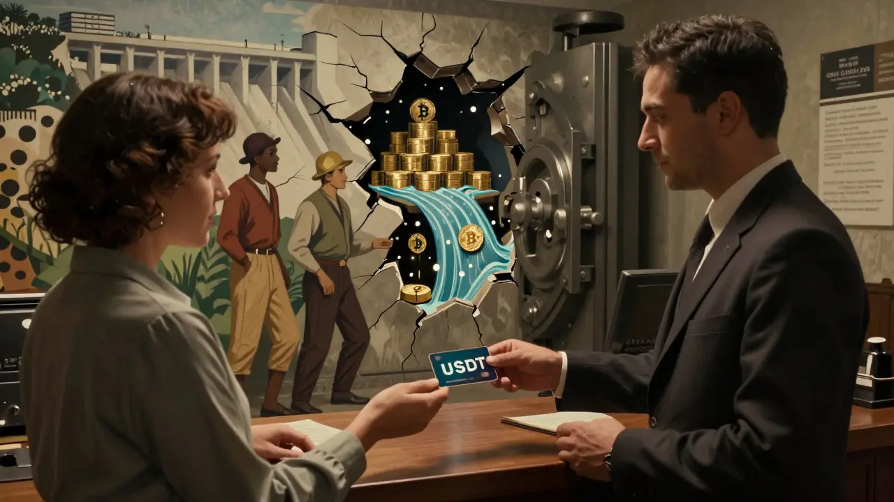 A bank teller hands a digital wallet to a customer while a mural of a dam reveals Bitcoin flowing like water.