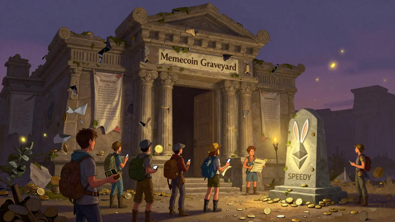A crumbling memecoin graveyard with a single glowing SPEEDY rabbit monument, illuminated as adventurers study its legacy under twilight skies.