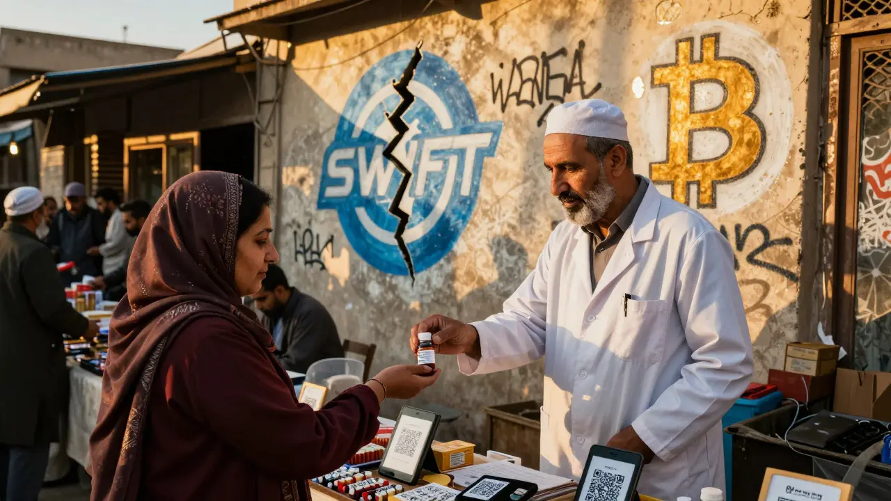 A doctor in Iran pays for medicine using a crypto QR code in a bustling market, with a mural showing Bitcoin replacing the blocked SWIFT symbol.