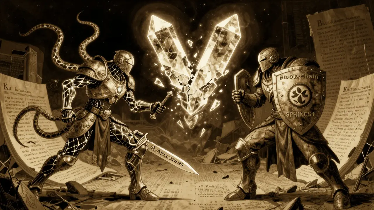 A duel between AI attackers and blockchain defenders over a fractured hash crystal, under a dark sky with fading transaction ghosts.