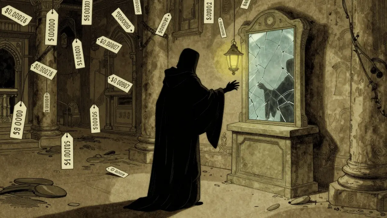 A faceless figure at a digital terminal with wildly swinging price tags, in a deserted temple, Howard Pyle style.