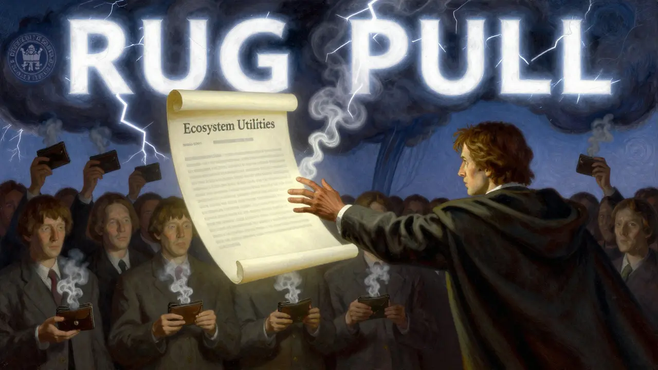 A figure reaches for a blank contract scroll as wallets turn to ash behind him, under a storm cloud shaped like a regulatory seal.