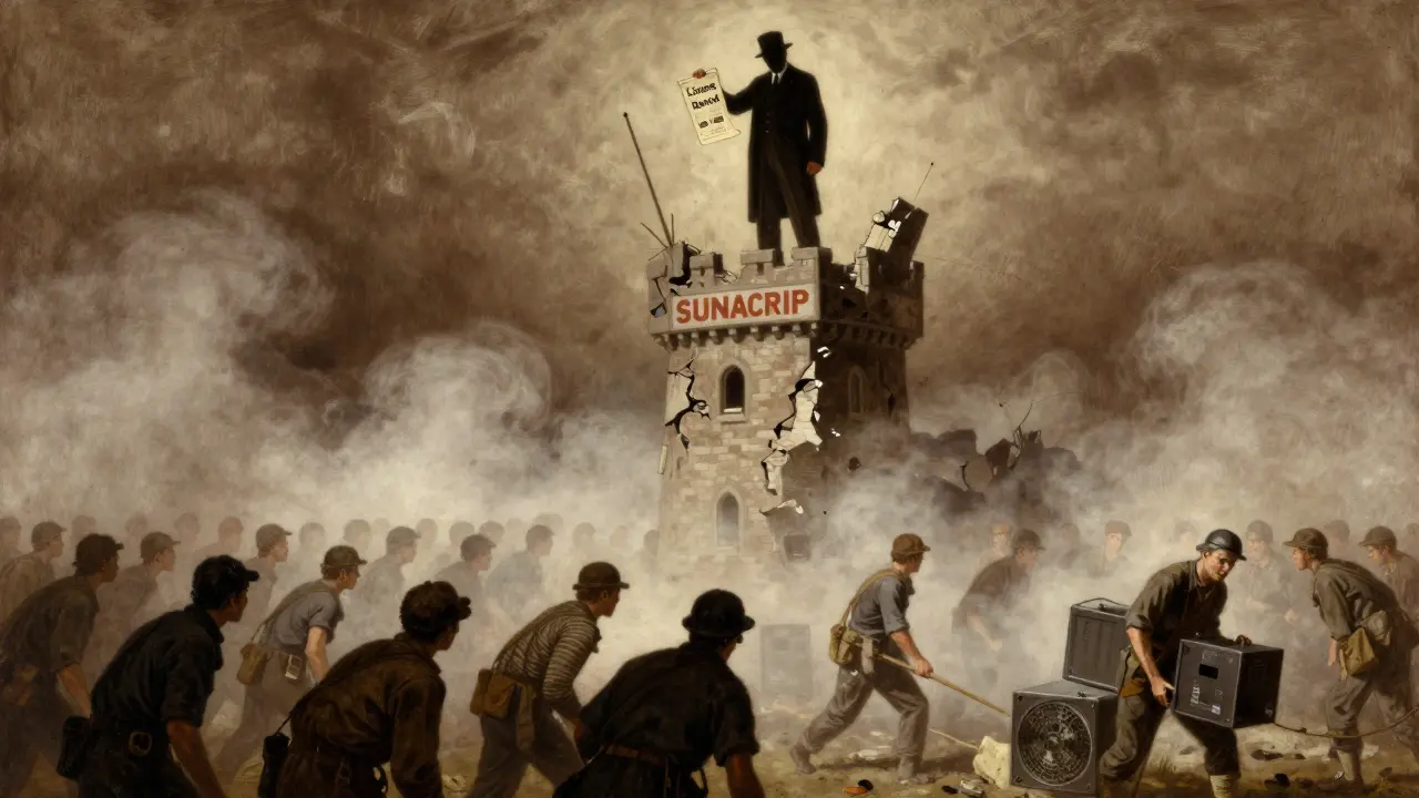 A government official looms over a crumbling agency tower as miners disappear into fog, one secretly using a phone.