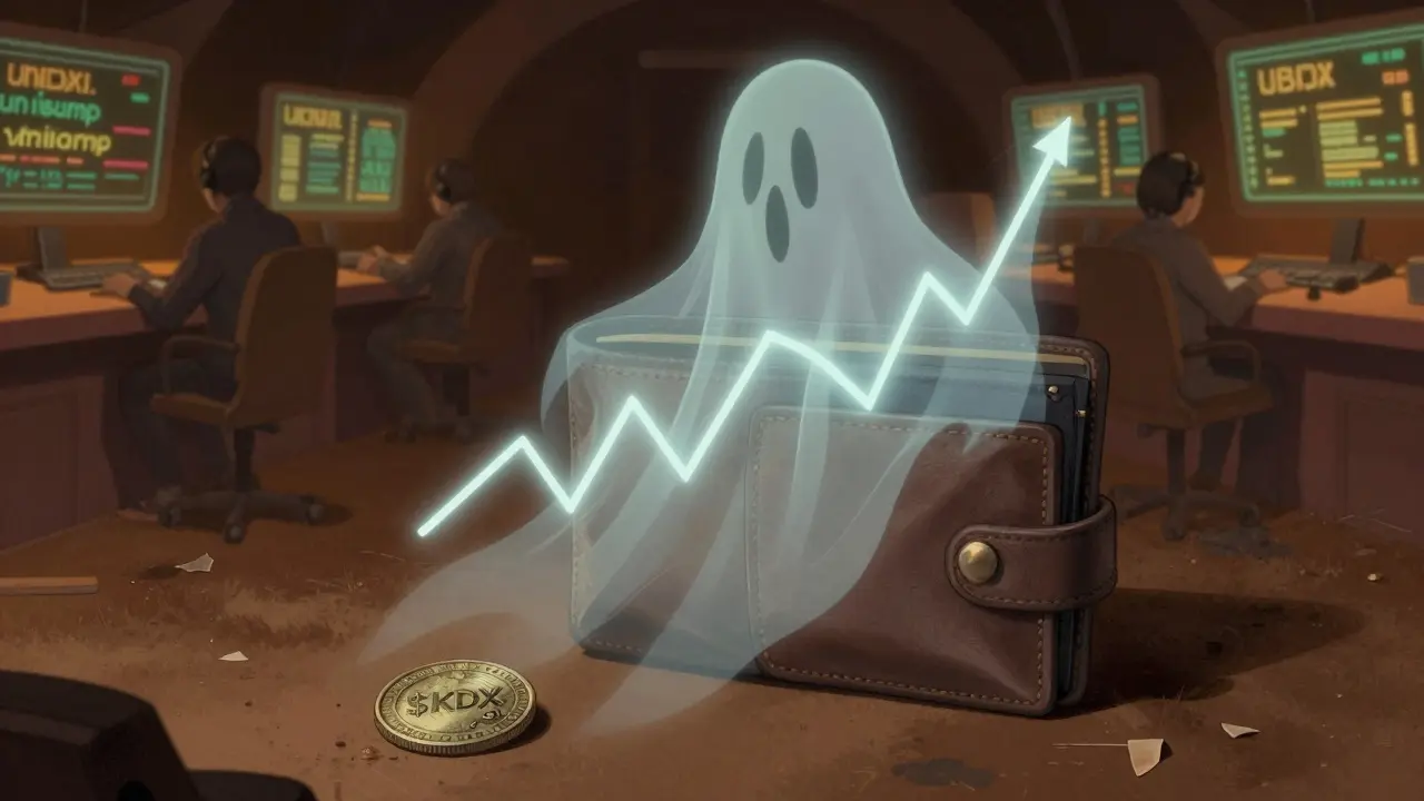 A lifeless trading chart hovers over a single tarnished $KDX coin, surrounded by ghostly echoes of active DEXs.