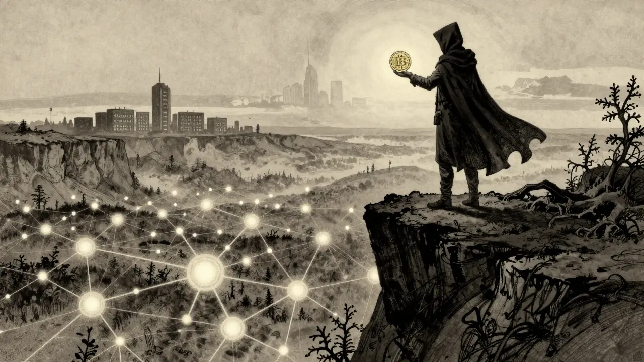 A lone figure atop a cliff holding a MicroBitcoin coin as a network of nodes glows across the land below.