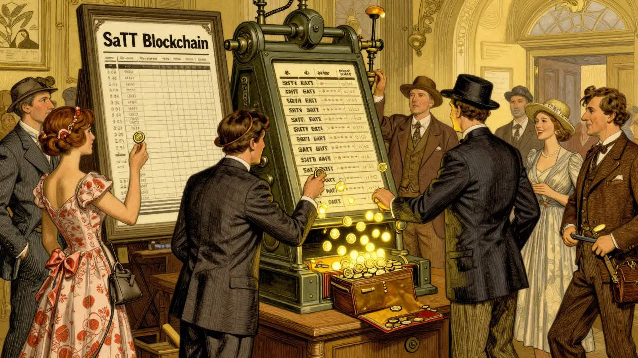 A mechanical ledger transforms social media actions into SATT tokens in a 1920s-style advertising hall with detailed inkwork.