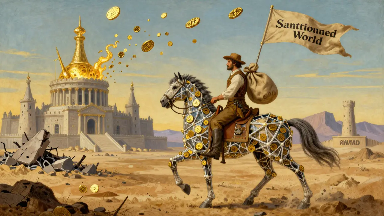 A merchant on a blockchain steed carries A7A5 tokens across a wasteland, while a new digital empire rises with oil and gold coins as banners.
