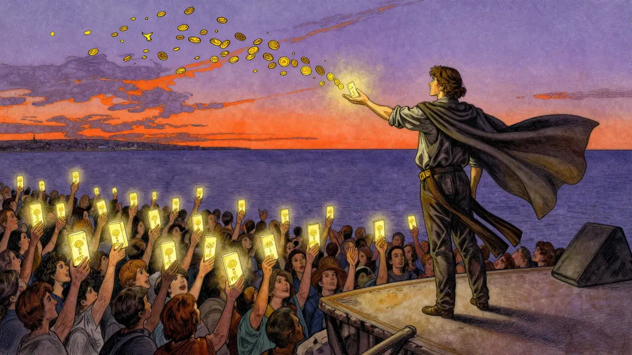 A musician on a cliff receiving flowing gold coins from fans holding NFTs under a twilight sky.