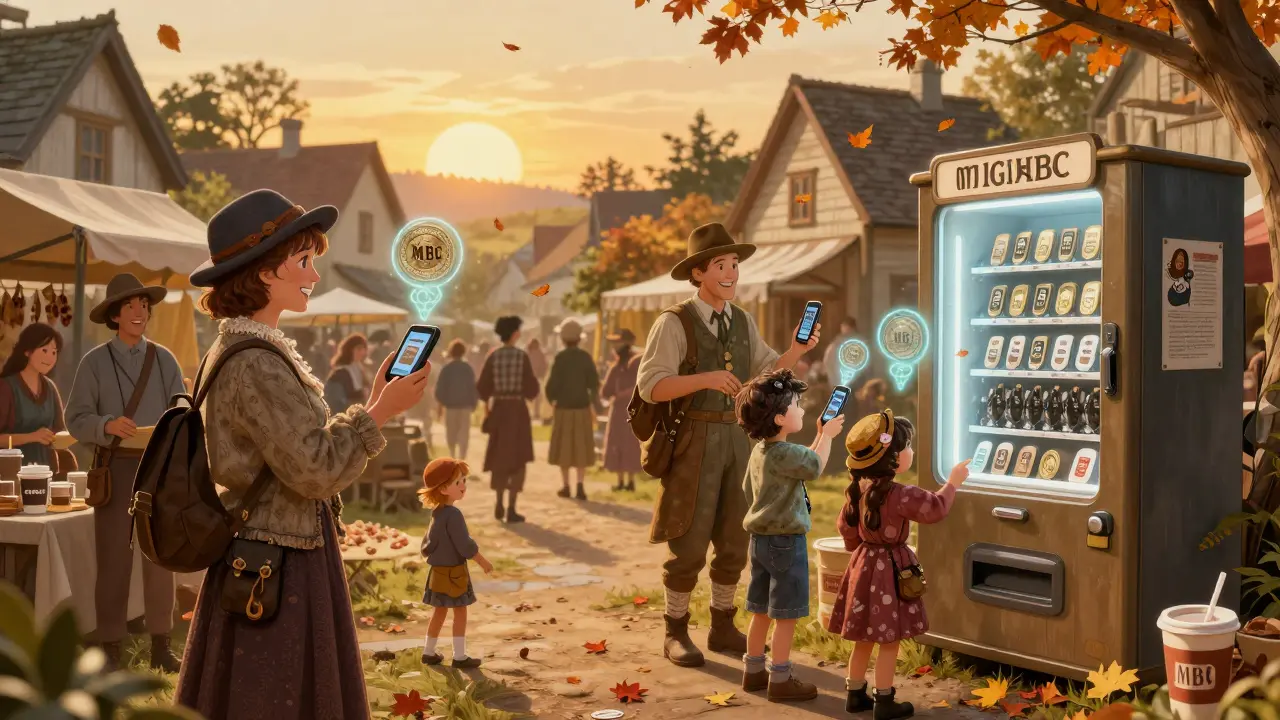 A rustic marketplace where people trade MicroBitcoin for everyday items using holographic displays.