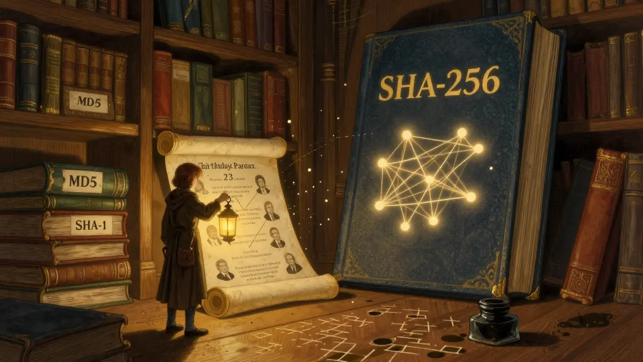 A scholar discovers the birthday paradox in a library of broken hash functions, surrounded by crumbling books and glowing connections.