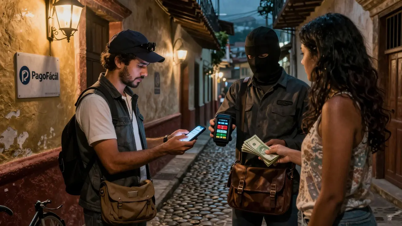 A secret crypto-to-cash transaction in a Colombian alley, with payment service logos visible under lantern light.