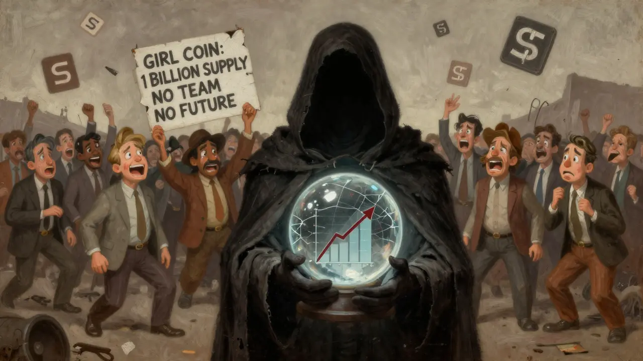 A shadowy figure holds a crashing price chart while traders flee a broken sign.