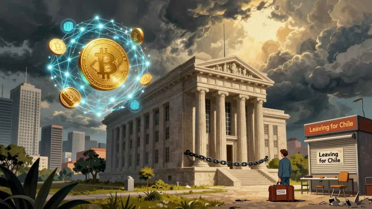 A symbolic divide between digital crypto networks and a locked bank building, with a departing developer in the foreground.