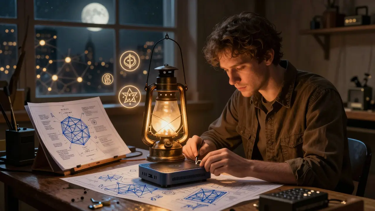 A technician repairs a hotspot in a workshop, surrounded by blockchain blueprints and glowing token symbols.