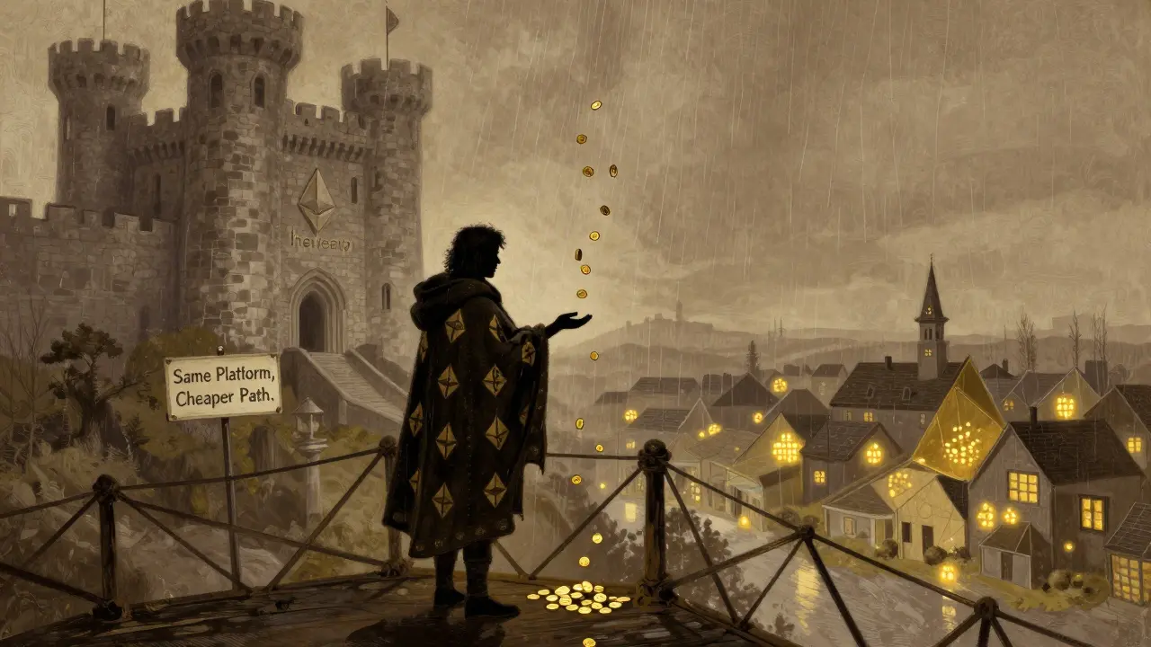 A trader crossing from an expensive Ethereum castle to a low-fee Polygon village on a glowing bridge.