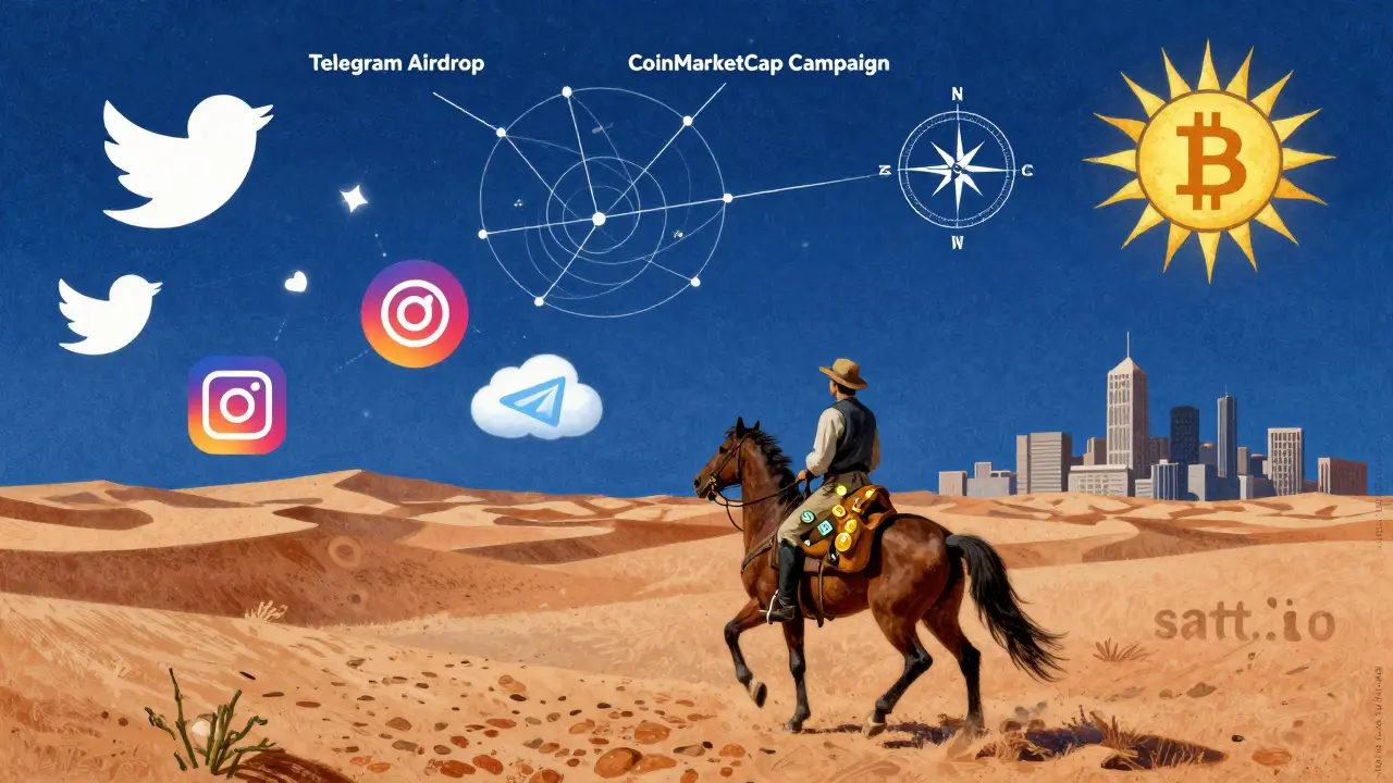 A traveler rides toward a city of blockchain icons, carrying SATT tokens as treasure under a celestial map in classic adventure illustration style.