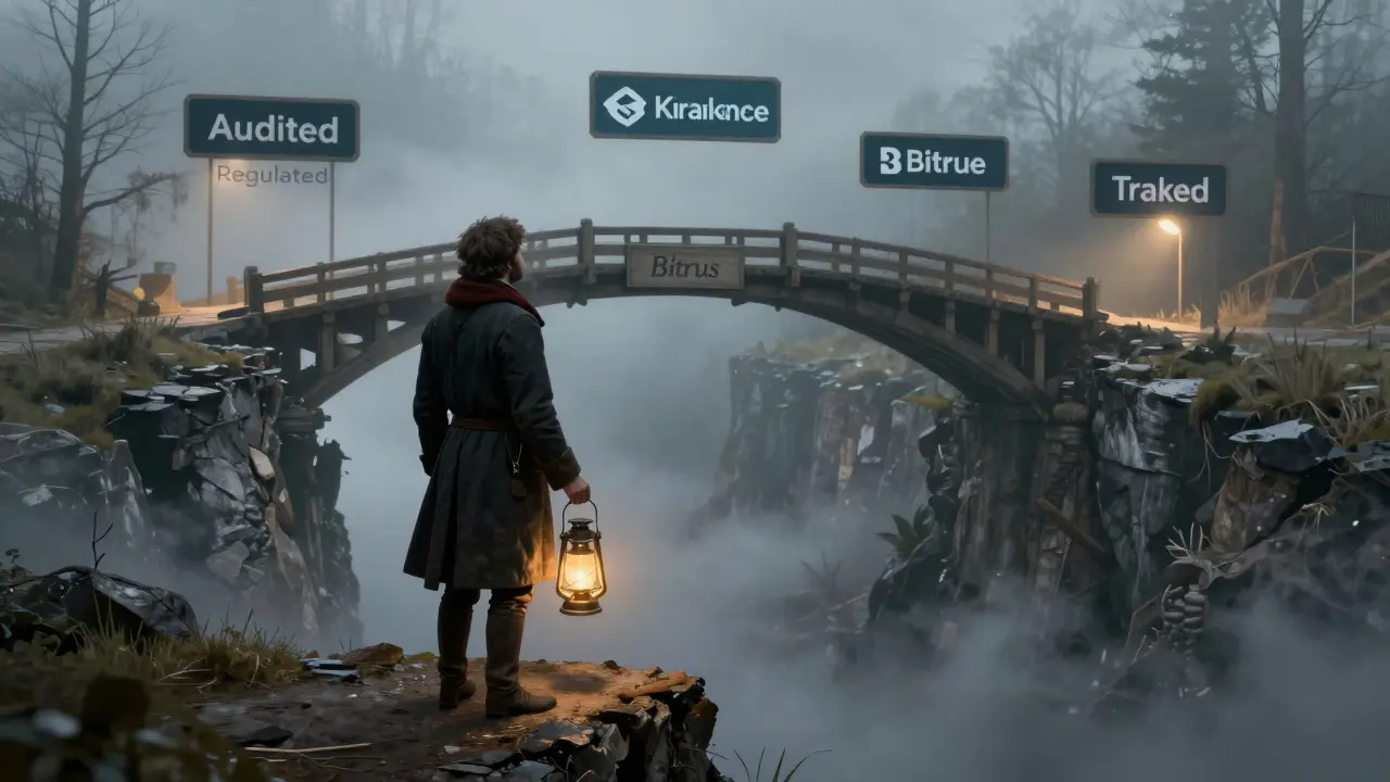 A traveler stands at the edge of a crumbling bridge labeled Bitrus, while solid bridges lead to verified exchanges.