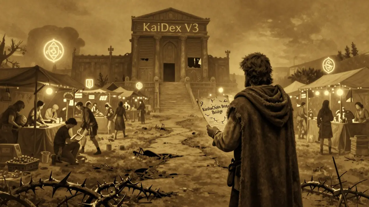 A traveler stares at a shuttered temple labeled 'KaiDex V3', while vibrant markets glow in the distance.
