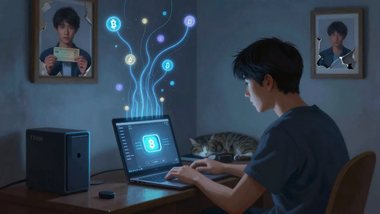 A viewer running a node at home, with invisible data streams connecting to the world, representing passive income through blockchain.