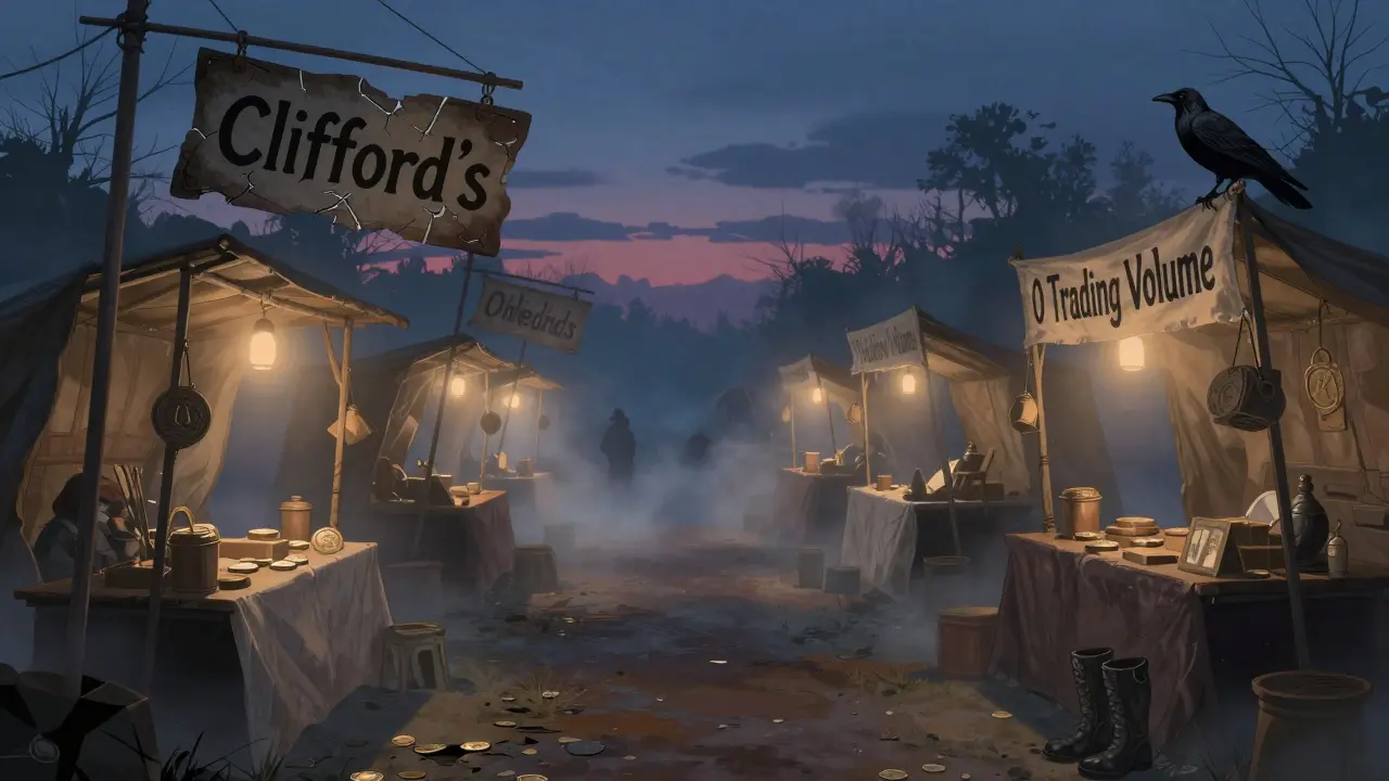 An empty crypto marketplace at dusk, with Clifford's sign hanging crookedly as a crow perches nearby.