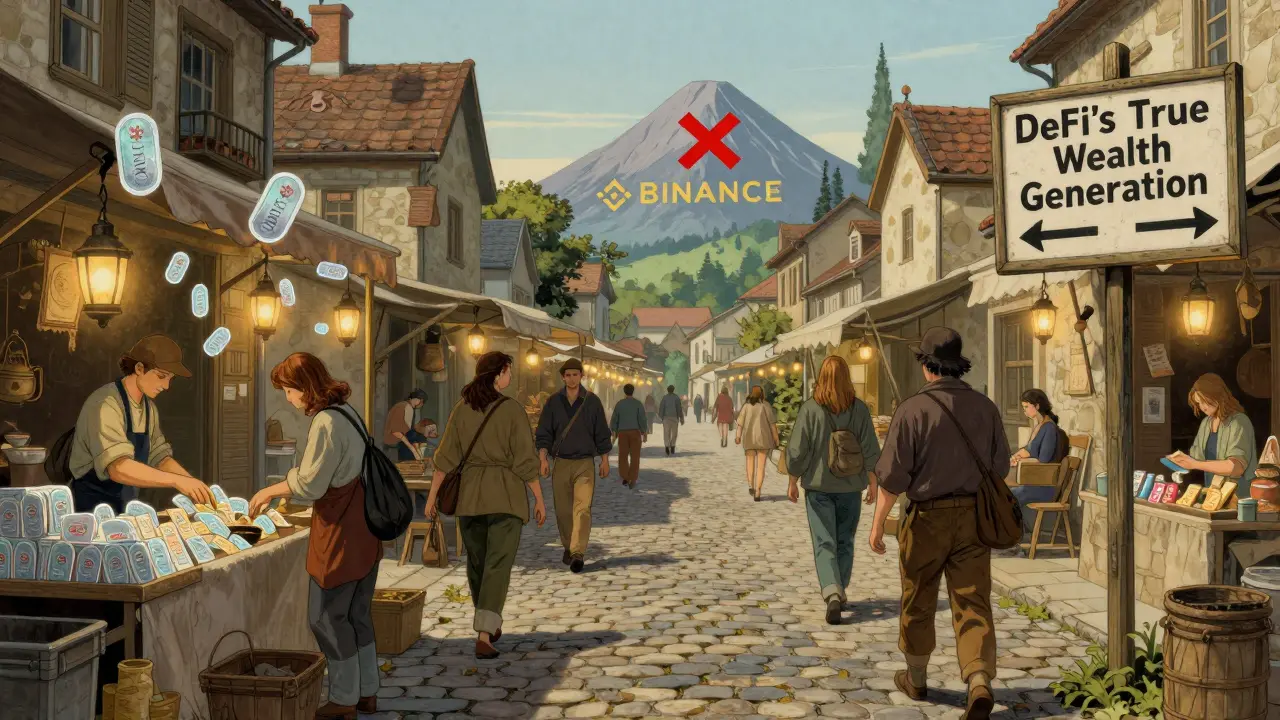 An empty marketplace sells only invisible tokens, with dead-end signs and a banned Binance logo in the distance.