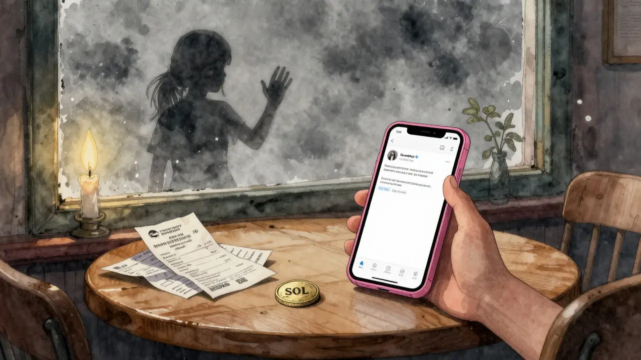 An empty table holds a dead smartphone beside crumpled trading receipts in a deserted café.