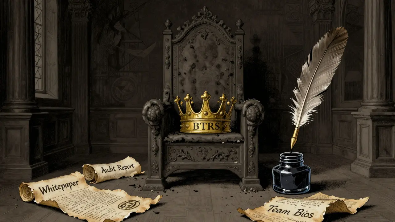 An empty throne room with a crown labeled BTRS, surrounded by broken documents symbolizing missing transparency.