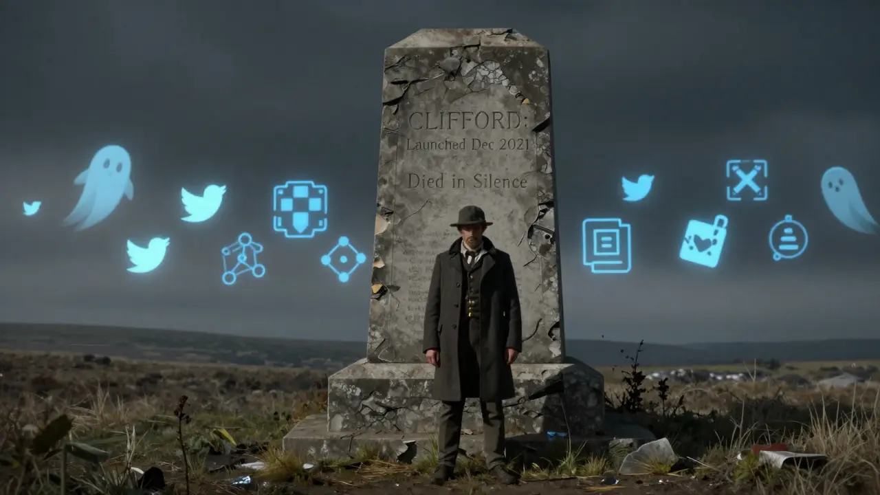 An explorer stands before a crumbling monument marked 'CLIFFORD: Launched Dec 2021 - Died in Silence'.