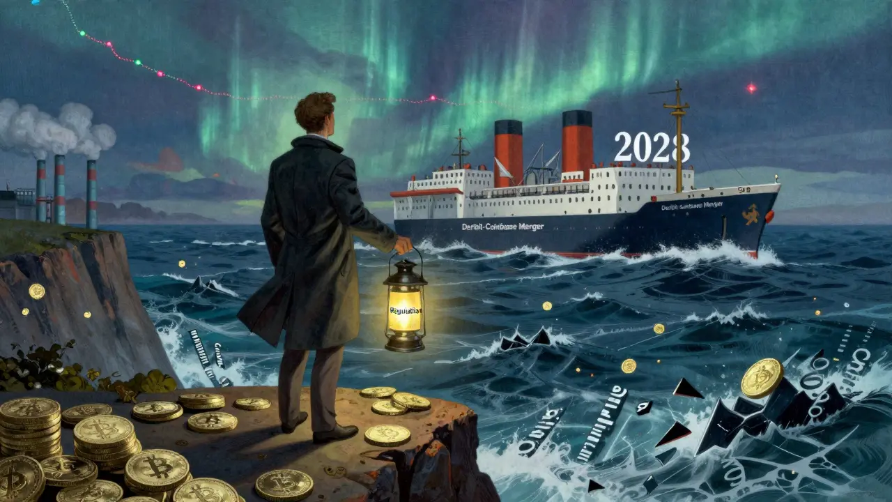 An institutional investor with a regulation lantern overlooking a stormy crypto ocean, with a merger ship sailing toward 2028, in Howard Pyle style.