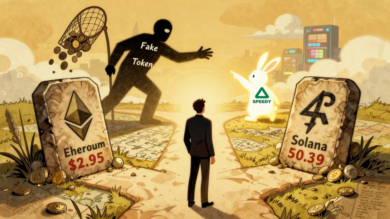 An investor at a crossroads with three blockchain tablets and a shadowy fake token figure, while a glowing SPEEDY rabbit points toward a hopeful horizon.