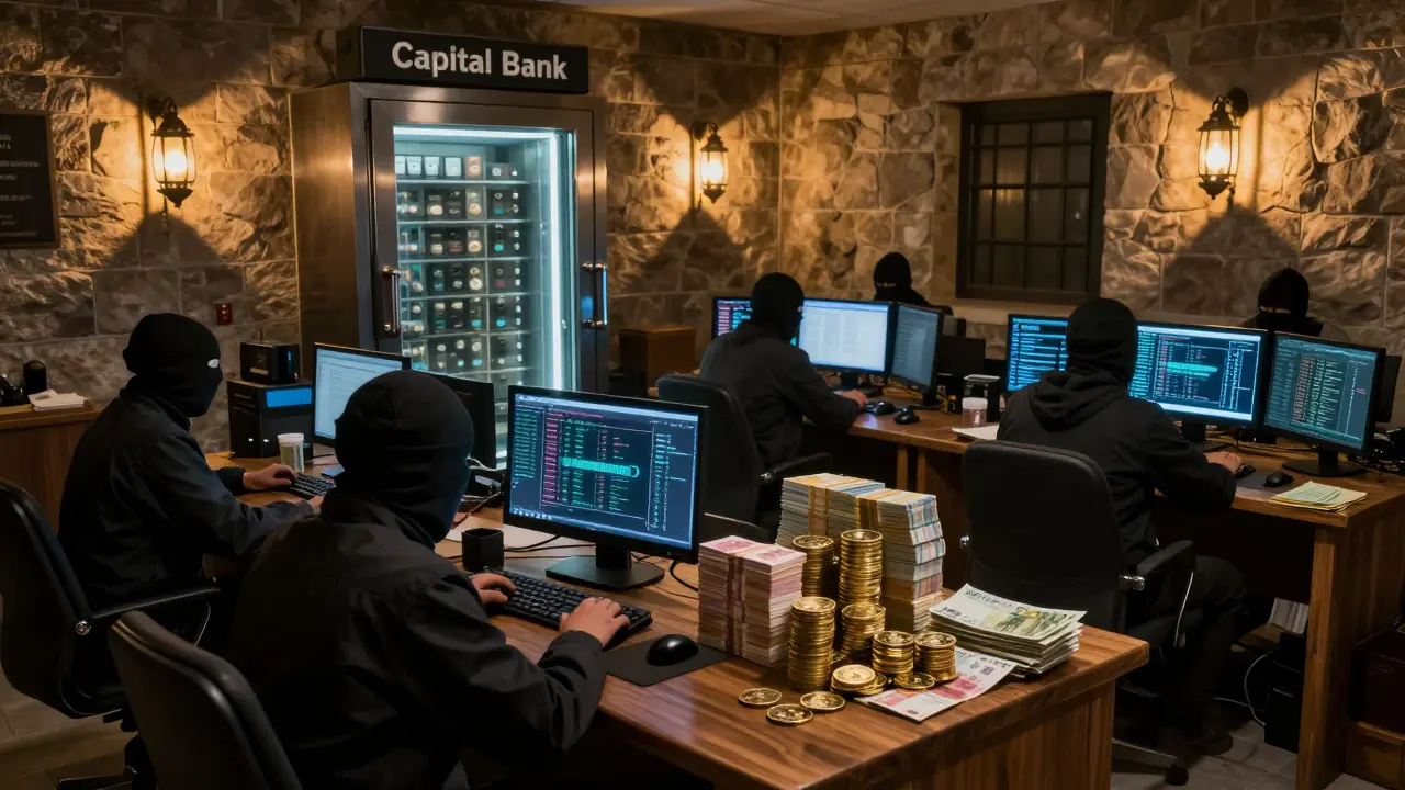 Clandestine operators in Kyrgyzstan monitor blockchain screens as stablecoins transform into rubles and euros under flickering lantern light.
