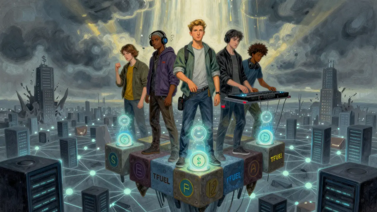 Diverse creators standing on a blockchain platform as corporate servers crumble below, symbolizing empowerment in content distribution.