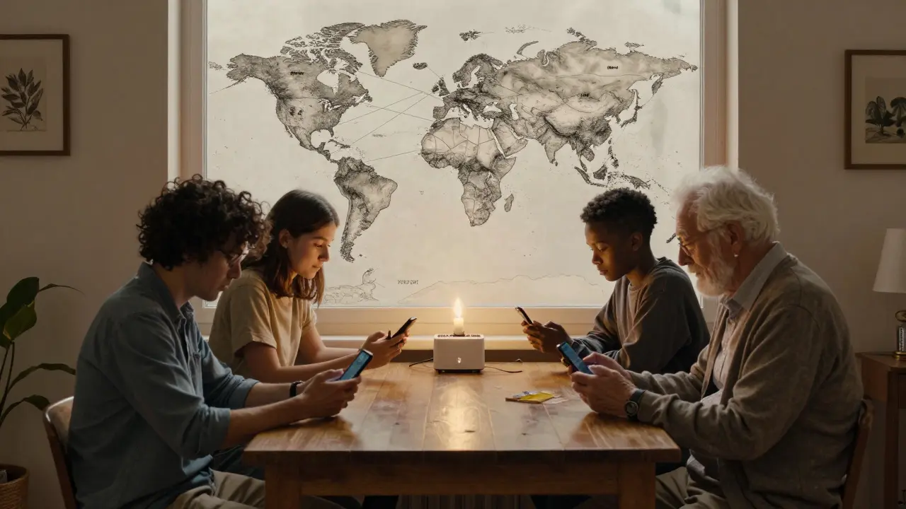 Diverse people connect to a Wicrypt hotspot, with a world map showing global network activity in the background.