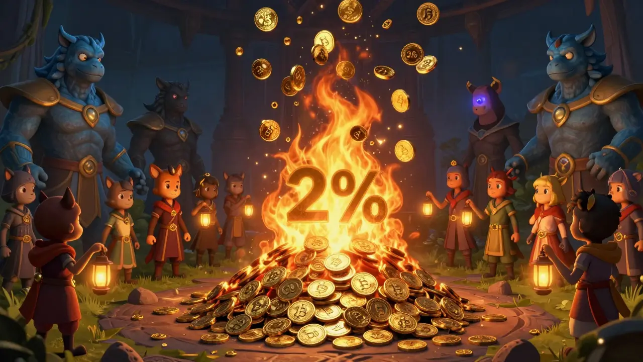 GZONE tokens burn in a ceremonial pyre as rewards rise to stakers, guarded by icons of launched blockchain games.